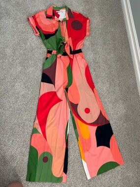 Hutch Brand Multicolor Abstract Print Jumpsuit- Coral, Green, Black